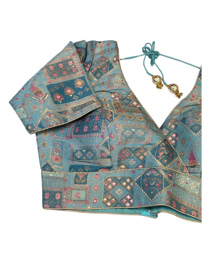 Light Blue Turquoise - Banarasi Brocade Saree / Lehenga blouse - 40" Bust (UK 14) Can be let out to size 16  - VFJ204 01KP25