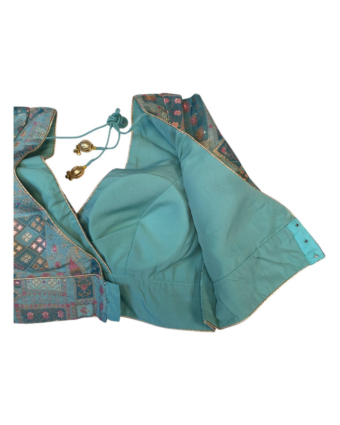 Light Blue Turquoise - Banarasi Brocade Saree / Lehenga blouse - 40" Bust (UK 14) Can be let out to size 16  - VFJ204 01KP25