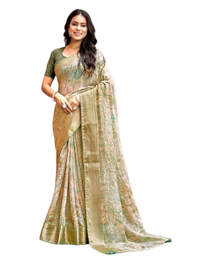 Light Green - Crepe Printed Saree with Blouse Piece - KASVRI 101 10KK25