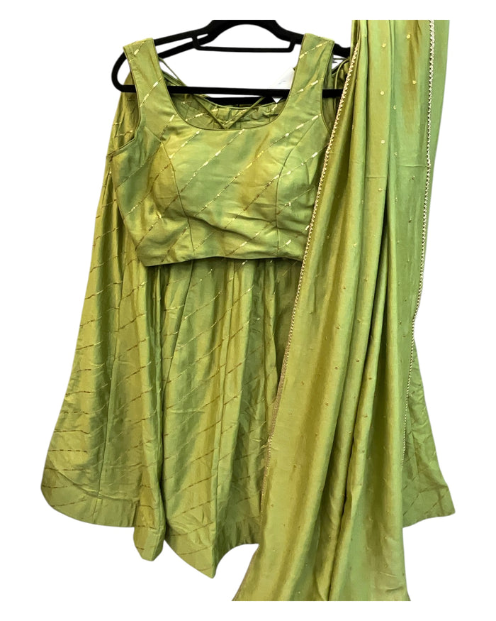 Light Green -  Dupion Silk Lehenga Set -  - Garba / Dandia , Mehndi / Sangeet / Weddings Size UK 12 (38" Bust) Adjustable to Size 14 - UK Stock - 24h Dispatch - AF2506 09TY25
