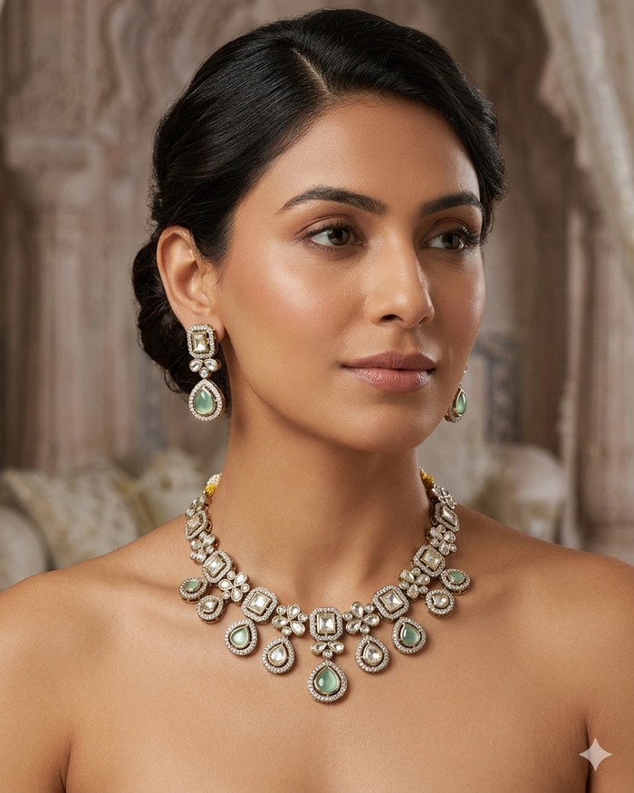 Light Green - Medium Size Antique Gold Finish Choki Necklace Set with Earrings - Bollywood - AVON-KU1320  08KA25