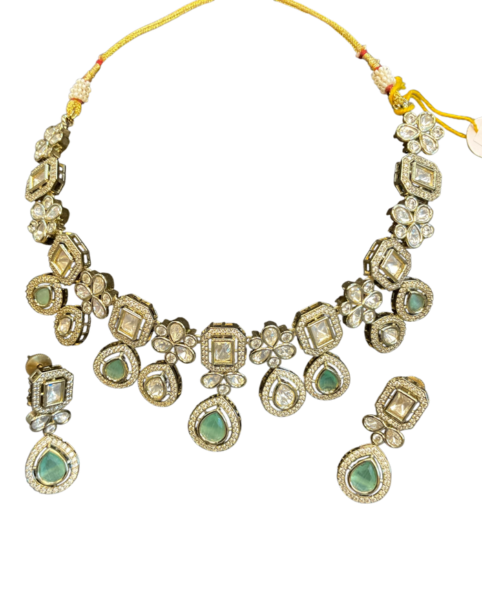 Light Green - Medium Size Antique Gold Finish Choki Necklace Set with Earrings - Bollywood - AVON-KU1320  08KA25