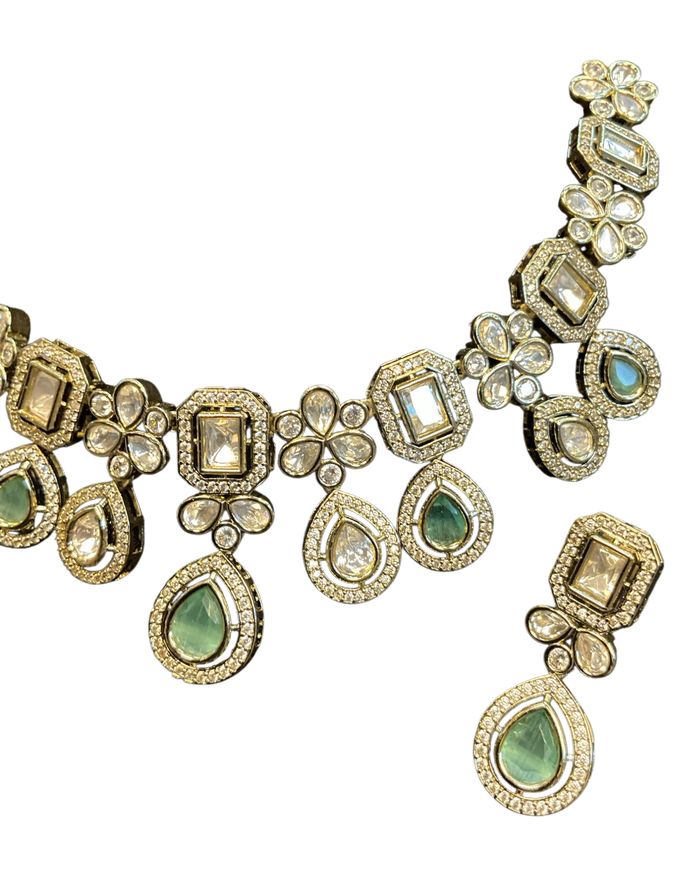 Light Green - Medium Size Antique Gold Finish Choki Necklace Set with Earrings - Bollywood - AVON-KU1320  08KA25