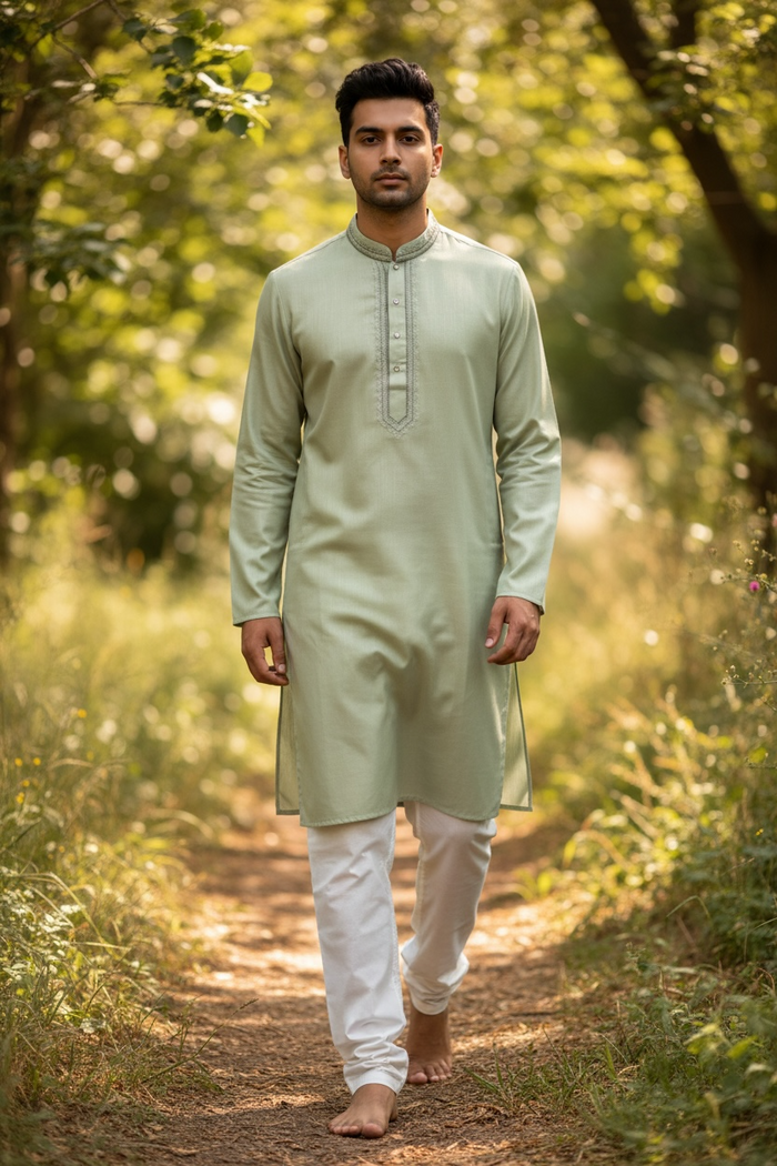 Light Green / Pista - Soft Cotton Mens Kurta Set with Neck Thread Embroidery- Sangeet Mehendi Haldi - KCS1038 03KT26