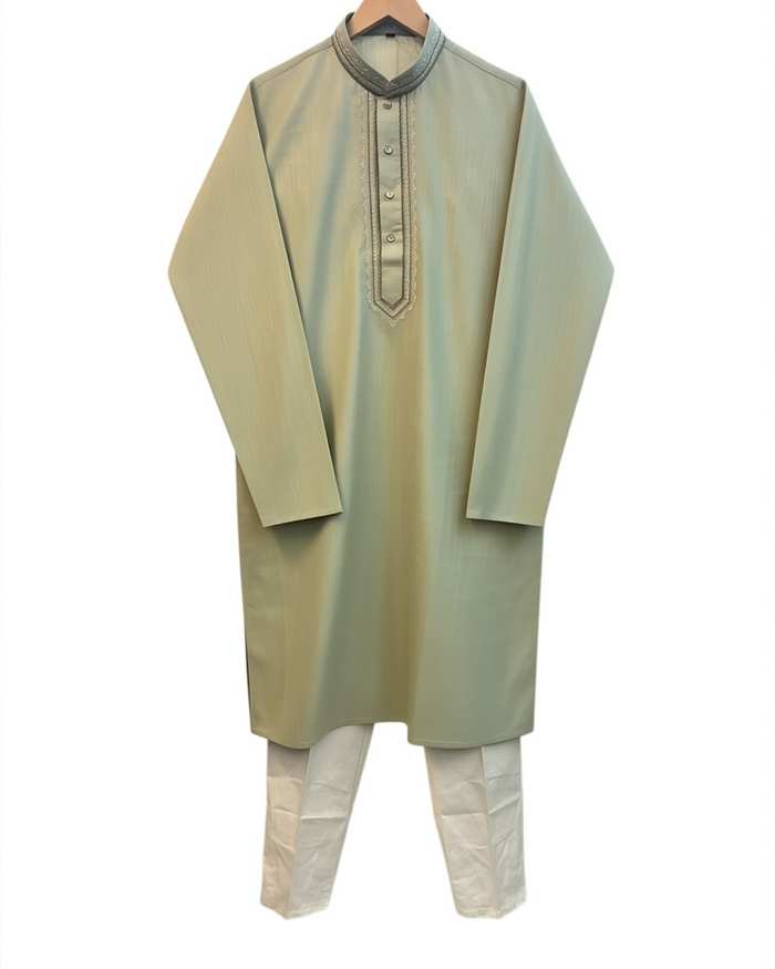 Light Green / Pista - Soft Cotton Mens Kurta Set with Neck Thread Embroidery- Sangeet Mehendi Haldi - KCS1038 03KT26
