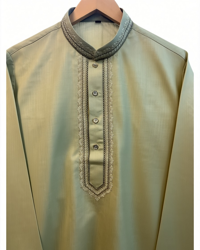 Light Green / Pista - Soft Cotton Mens Kurta Set with Neck Thread Embroidery- Sangeet Mehendi Haldi - KCS1038 03KT26