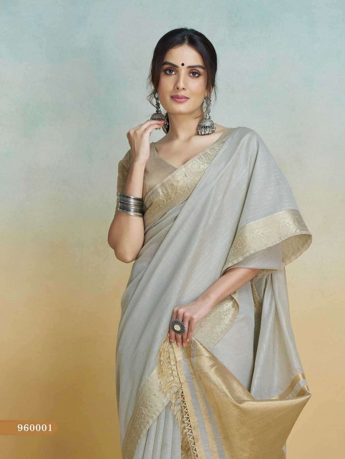 Light Grey - Handloom  -Cotton Silky Banarasi Saree with Blouse Piece - SHISLI960001 10KT25