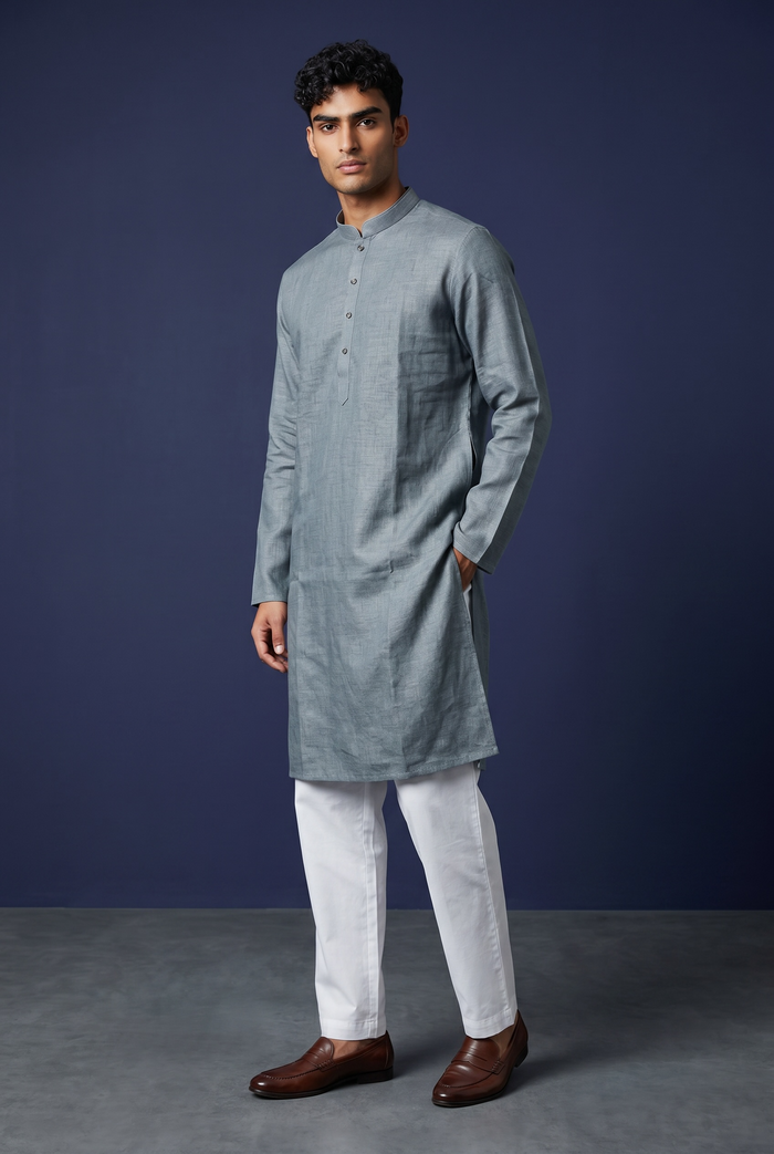 Light Grey - Premium Linen Mens Indian Kurta set - UK Stock - Weddings / Walimas , Sangeet, Diwali, Eid, Mehndi / Henna - VEE1365 KP