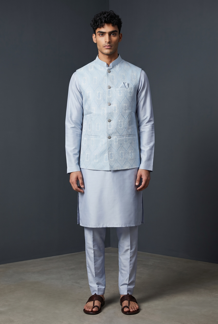 Light Pastel Blue - Mens Kurta Set with Rich Brocade Waistcoat  - UK Stock - Quick Dispatch - SHU2603 05VV26