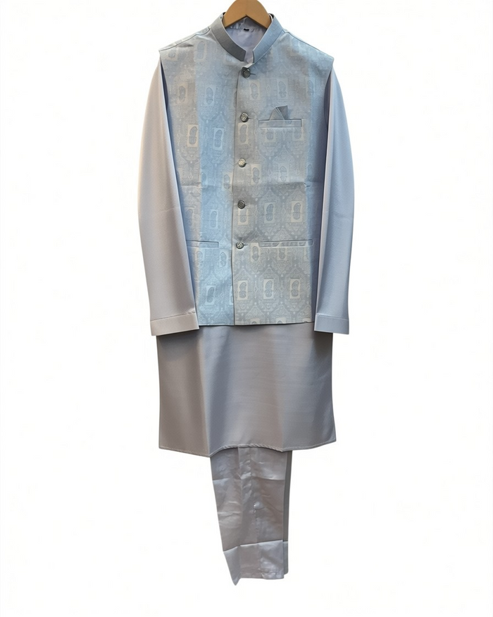 Light Pastel Blue - Mens Kurta Set with Rich Brocade Waistcoat  - UK Stock - Quick Dispatch - SHU2603 05VV26