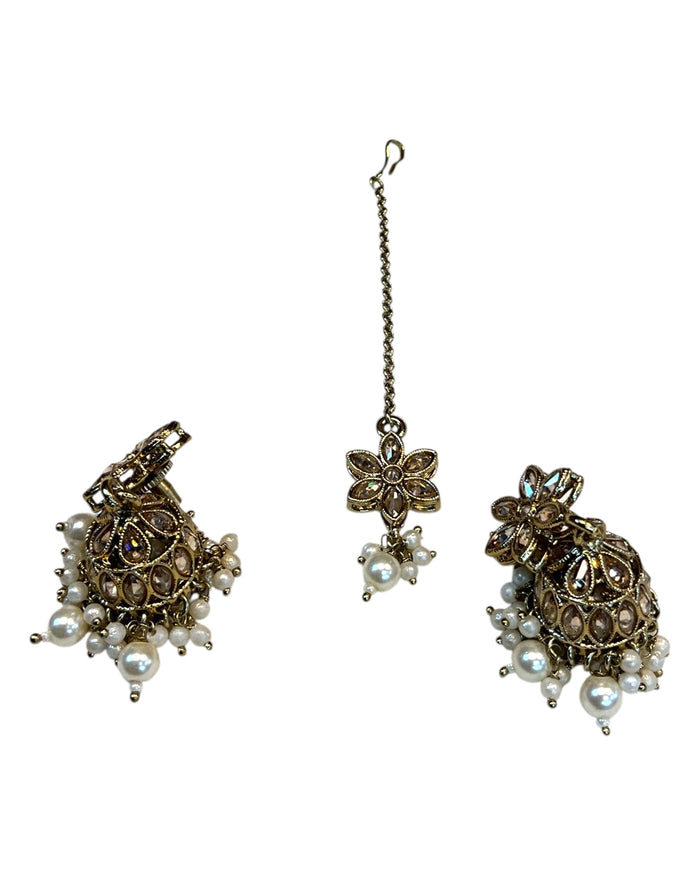 Light Pearl - Large Size Antique Gold Finish Long Necklace Set with Earrings - RAK408 KY 0525