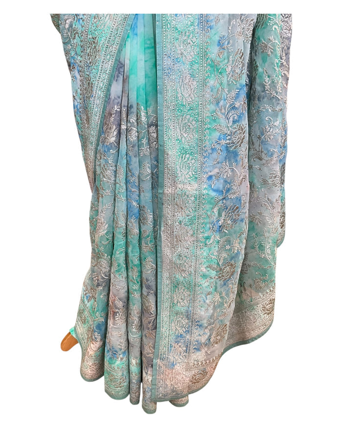 Light Turquoise Blue - Fancy Embroidered Saree with Blouse Piece - UK stock - 24hr Dispatch - SP250619 VC
