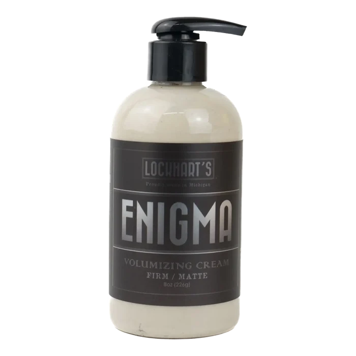 Lockhart's Enigma volumiserende hårkrem i hvit flaske med svart pumpe, fast hold og matte finish