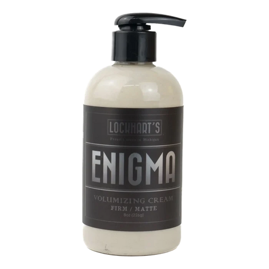Lockhart's Enigma volumiserende hårkrem i hvit flaske med svart pumpe, fast hold og matte finish