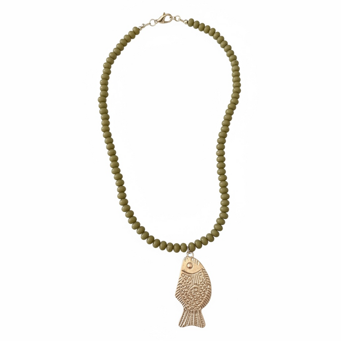 Long Olive Beaded Fish Necklace