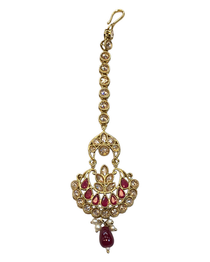 Magenta - Antique Gold Finish Medium Size Tika Head Piece - Indian Ladies Fashion Jewellery - AE2429 11T24