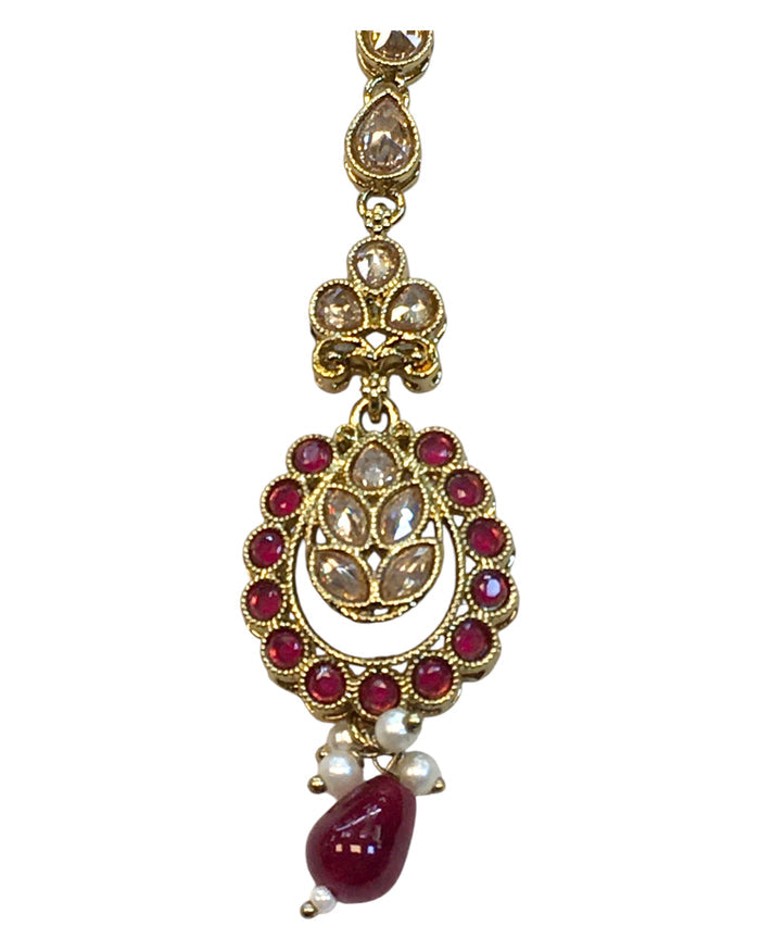 Magenta - Antique Gold Finish Medium Size Tika Head Piece - Indian Ladies Fashion Jewellery - AE2435 11Vp24