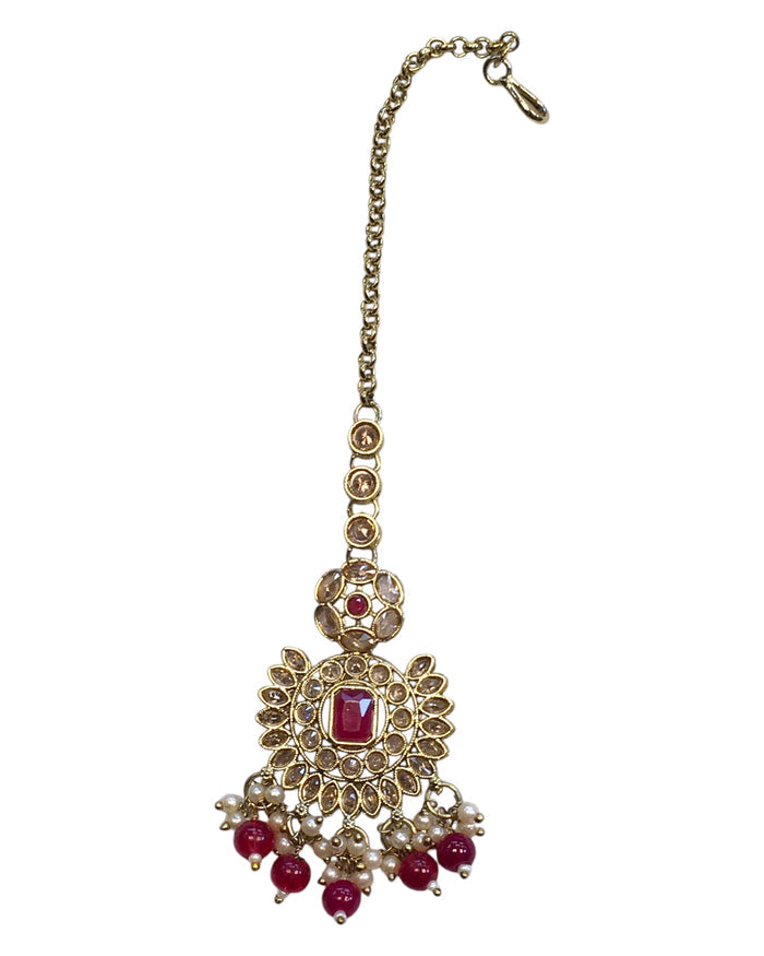 Magenta - Large - Antique Gold Finish Traditional Tika Head piece - Bollywood - Weddings - PRI1773  11V24