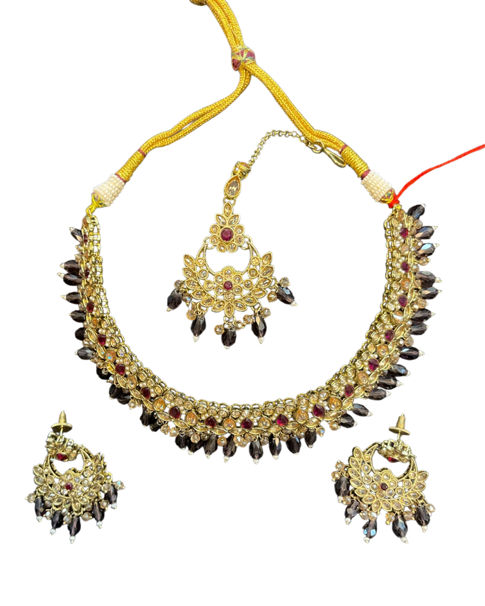 Magenta / Purple - Medium Size Antique Gold Finish Necklace Set with Earrings - RZ31 KYp
