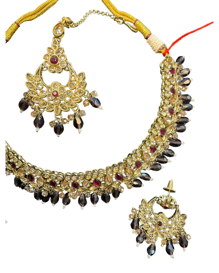 Magenta / Purple - Medium Size Antique Gold Finish Necklace Set with Earrings - RZ31 KYp