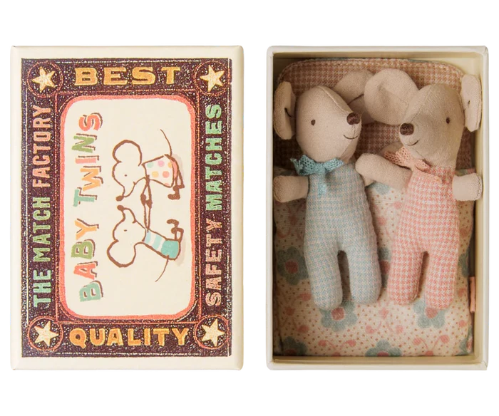 Maileg Baby Twins in Checker Print in a Matchbox