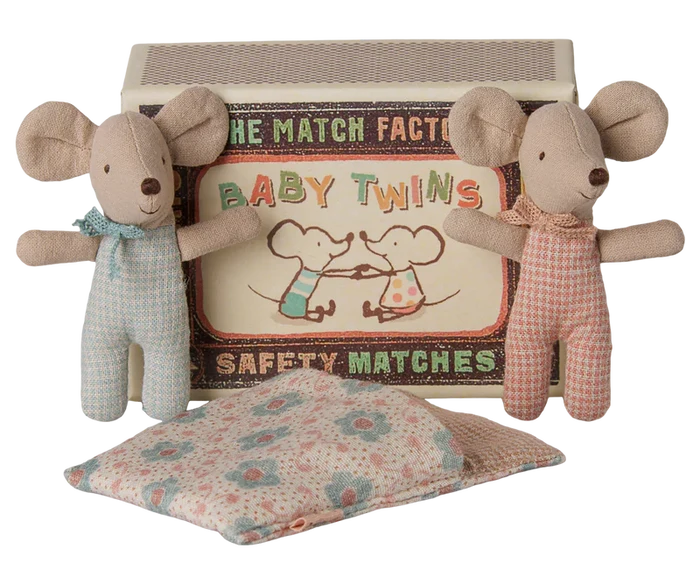Maileg Baby Twins in Checker Print in a Matchbox