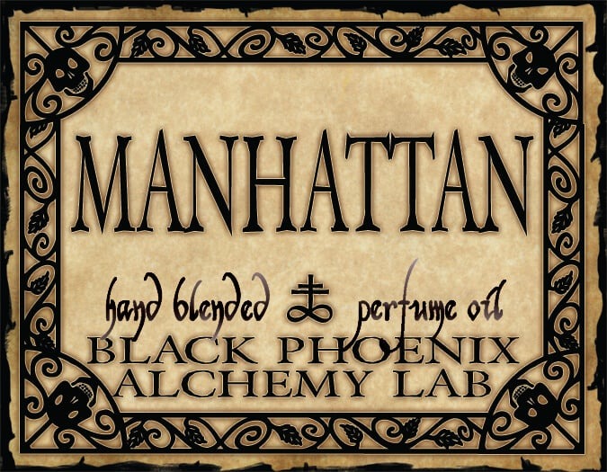 Manhattan perfume label with decorative border and text