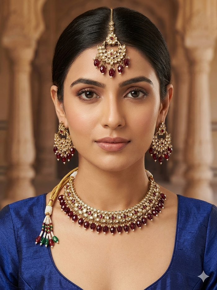 Maroon - Medium Size Antique Gold Finish Necklace Set with Earrings - RZ31 KYp