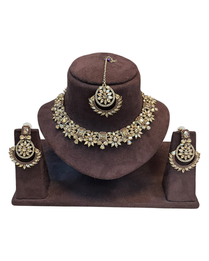 Maroon - Medium Size Antique Gold Finish Necklace Set with Earrings & Tika Head piece - JD7468  R 0525