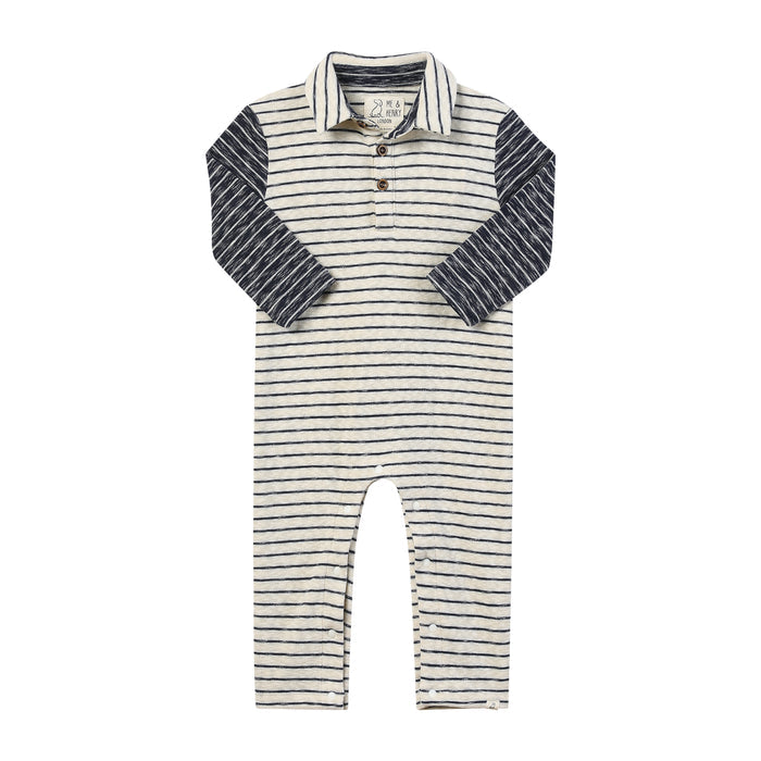 Me & Henry Arlington Polo Romper in Navy Stripe