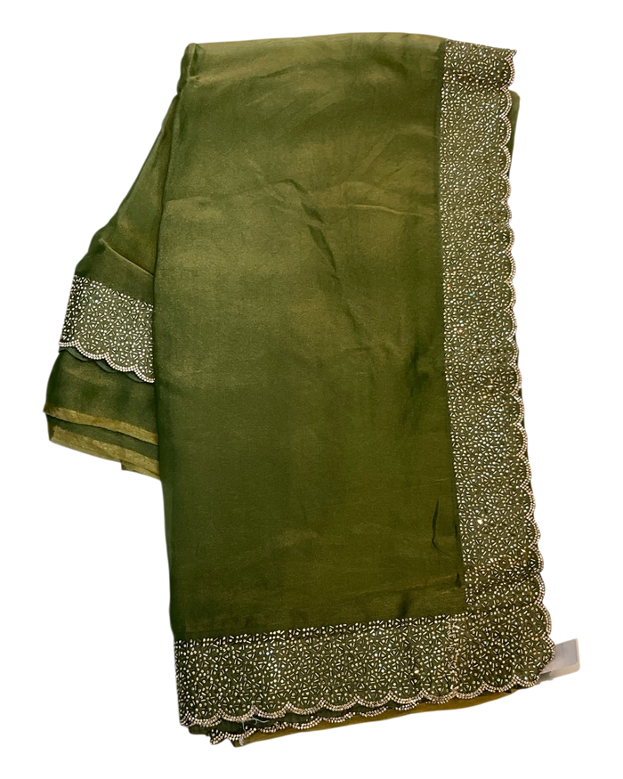 Mehndi Green - Classic Saree with Stone Work Border and Blouse Piece - UK stock - 24hr Dispatch - RS2538 VP