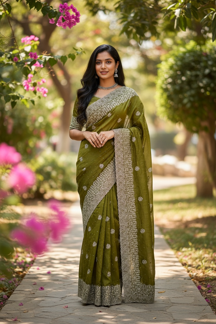 Mehndi Green - Classic Saree with Thread Work Border and Blouse Piece - UK stock - 24hr Dispatch - RS2534 VY