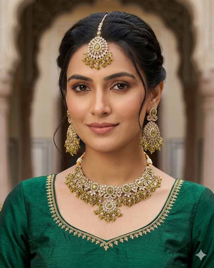 Mehndi Henna Green - Large - Antique Gold Finish Necklace Set with Earrings & Head Piece - AE2512 08KV25