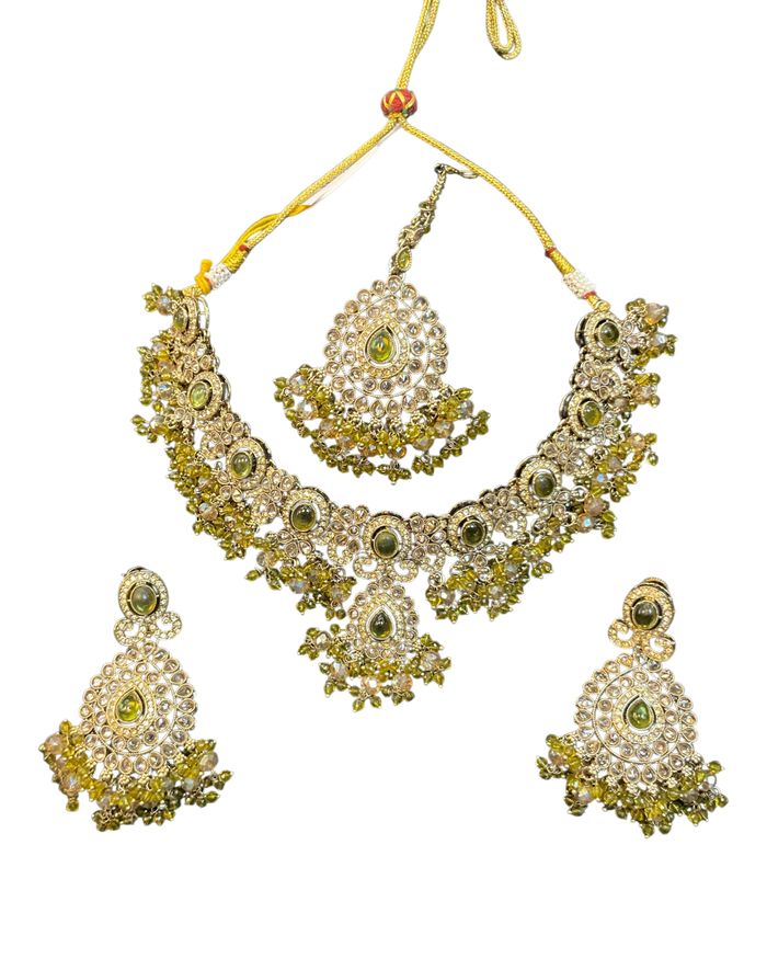 Mehndi Henna Green - Large - Antique Gold Finish Necklace Set with Earrings & Head Piece - AE2512 08KV25