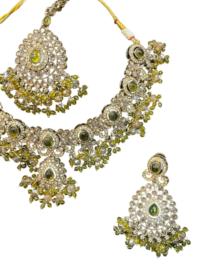 Mehndi Henna Green - Large - Antique Gold Finish Necklace Set with Earrings & Head Piece - AE2512 08KV25