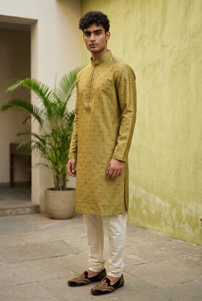 Mehndi Yellow - Brocade -  Mens Indian Kurta set - Weddings / Walimas , Sangeet, Eid, Mehndi / Henna - NAD2510 01KR25