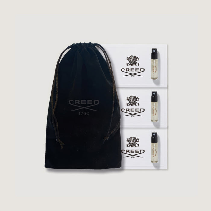 Men's 3-Piece Creed Sample Set with Black Velvet Pouch - Flat Lay | Creed Boutique