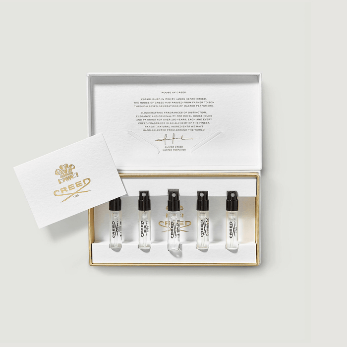 Men's Inspiration Sample Set, 5 Creed cologne vials in white gold gift box - Flat Lay | Creed Boutique