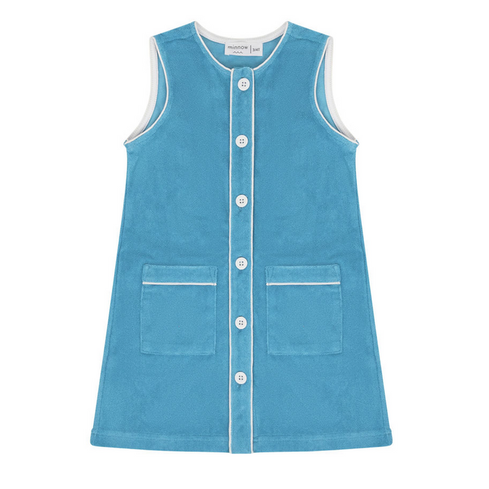 Minnow French Terry Button Down Dress in Cerulean Blue