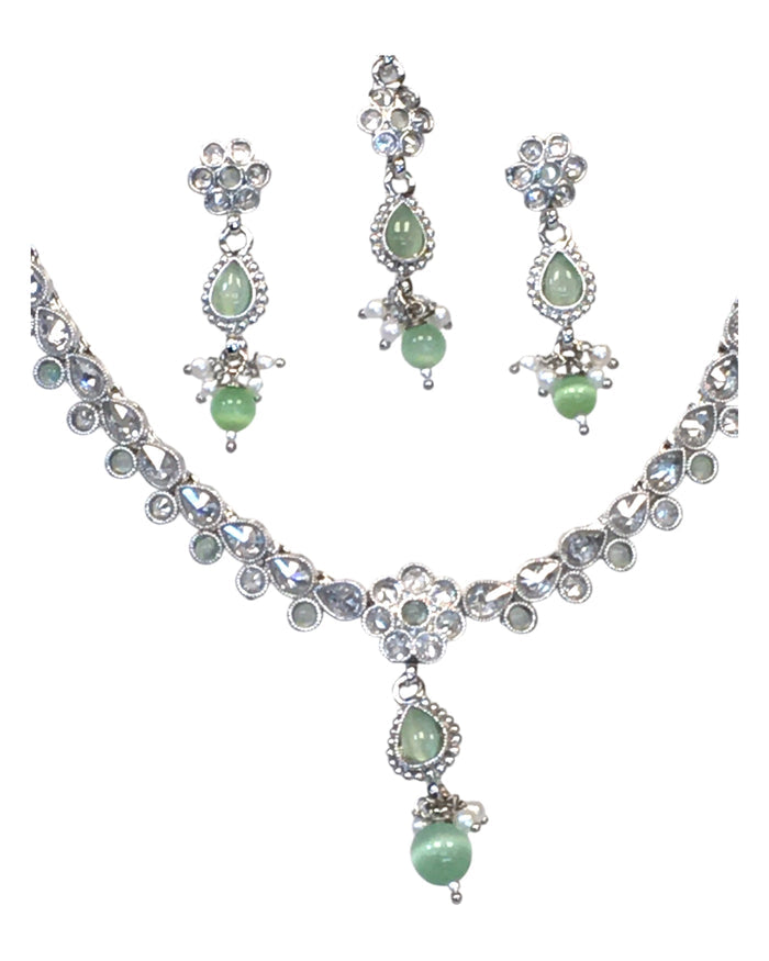 Mint Green - Small Size Silver Finish Necklace Set with Earrings & Head Piece /Tika- SLV78  11Ap24