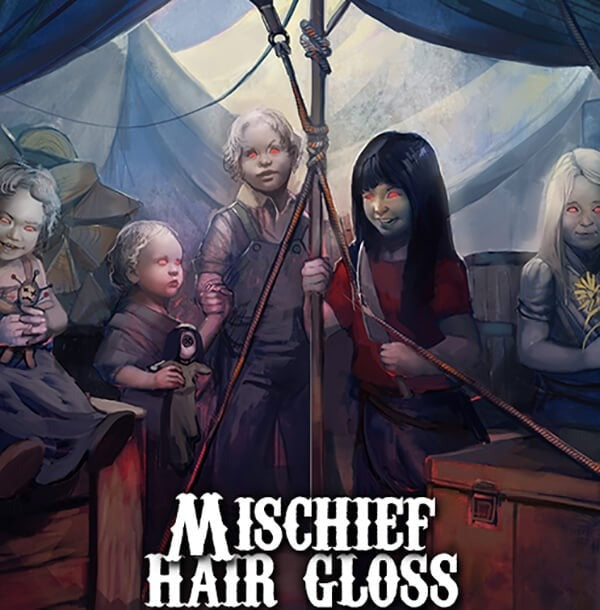 Illustration of children with different hairstyles inside a tent, with 'Mischief Hair Gloss' text.