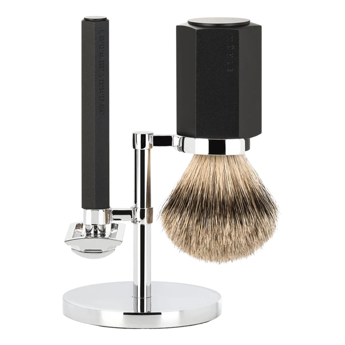 Mühle Hexagon barbersett Graphite Silvertip grevlinghår