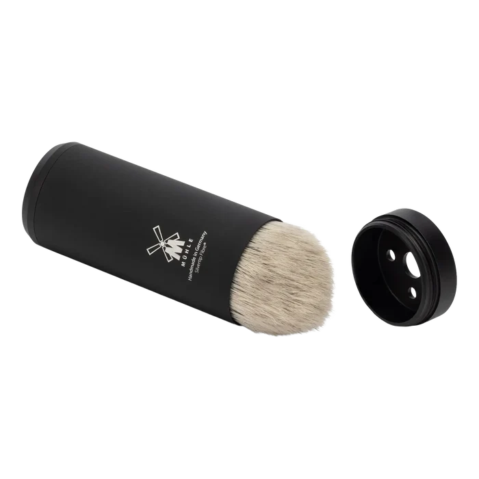 Mühle Silvertip Fibre reisebarberkost i svart delvis utskrudd fra hylse med separat lokk