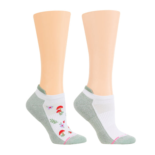 Ankle compression socks featuring a mushroom and floral design with a green and white color scheme.