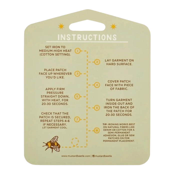 Forager Provisions LTD iron-on patch instruction card with step-by-step guide and a small bee illustration