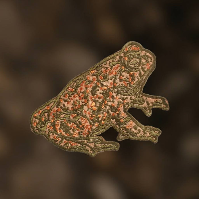 Mustard Beetle Toad iron-on patch with green, orange-brown details. Nature-inspired accessory for jackets or backpacks.