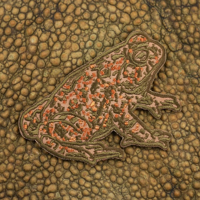 Mustard Beetle Toad Iron On Patch with earthy green frog on brown background, perfect for nature lover’s jackets or bags.