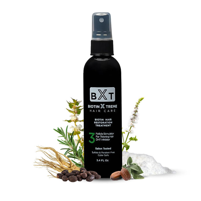 Biotin Xtreme Hair Care Biotin Hair Restoration Spray bottle with natural DHT blocker ingredients like rosemary, ginseng, and almonds for thinning hair and hair loss