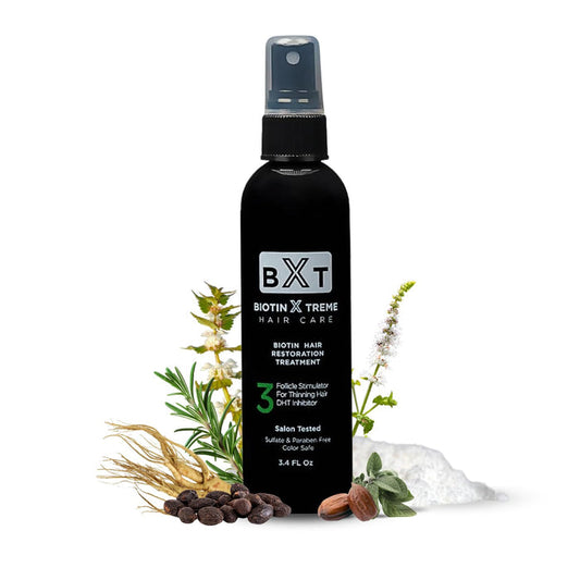 Biotin Xtreme Hair Care Biotin Hair Restoration Spray bottle with natural DHT blocker ingredients like rosemary, ginseng, and almonds for thinning hair and hair loss