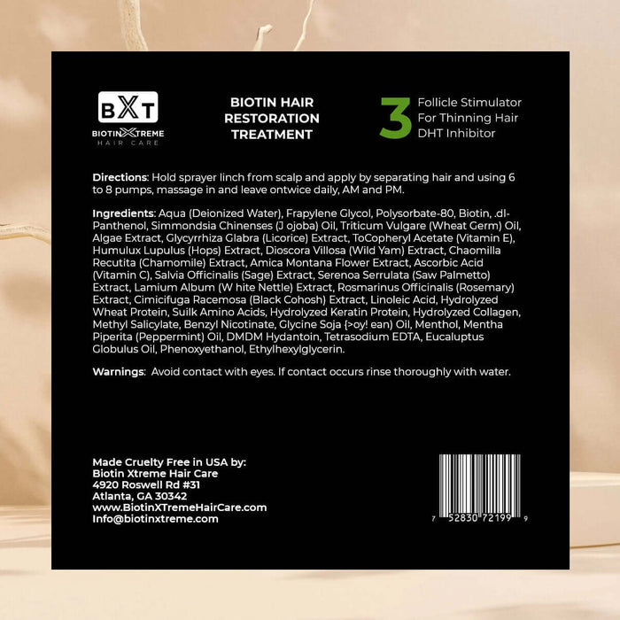 Back label of Biotin Xtreme Hair Restoration Treatment spray with directions, ingredient list, warnings, cruelty-free and made in USA details